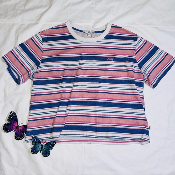 Vans T Shirt Wazzy Striped Cropped Tee Size Extra Large Pink Blue and White - Picture 9 of 9